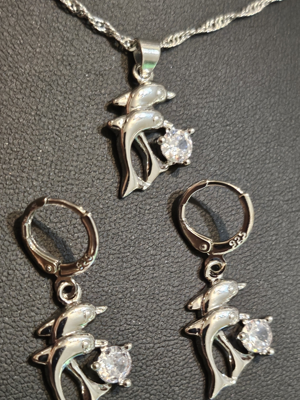 925 S.Silver Dolphin Pendant & Hoop Earrings Set with Clear Stones - Silver